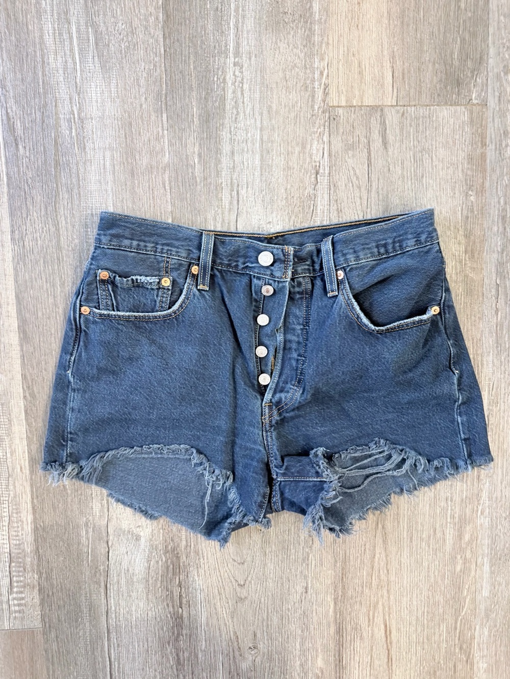 LEVI'S Dark Wash Button Fly High Waist Cutoff shorts